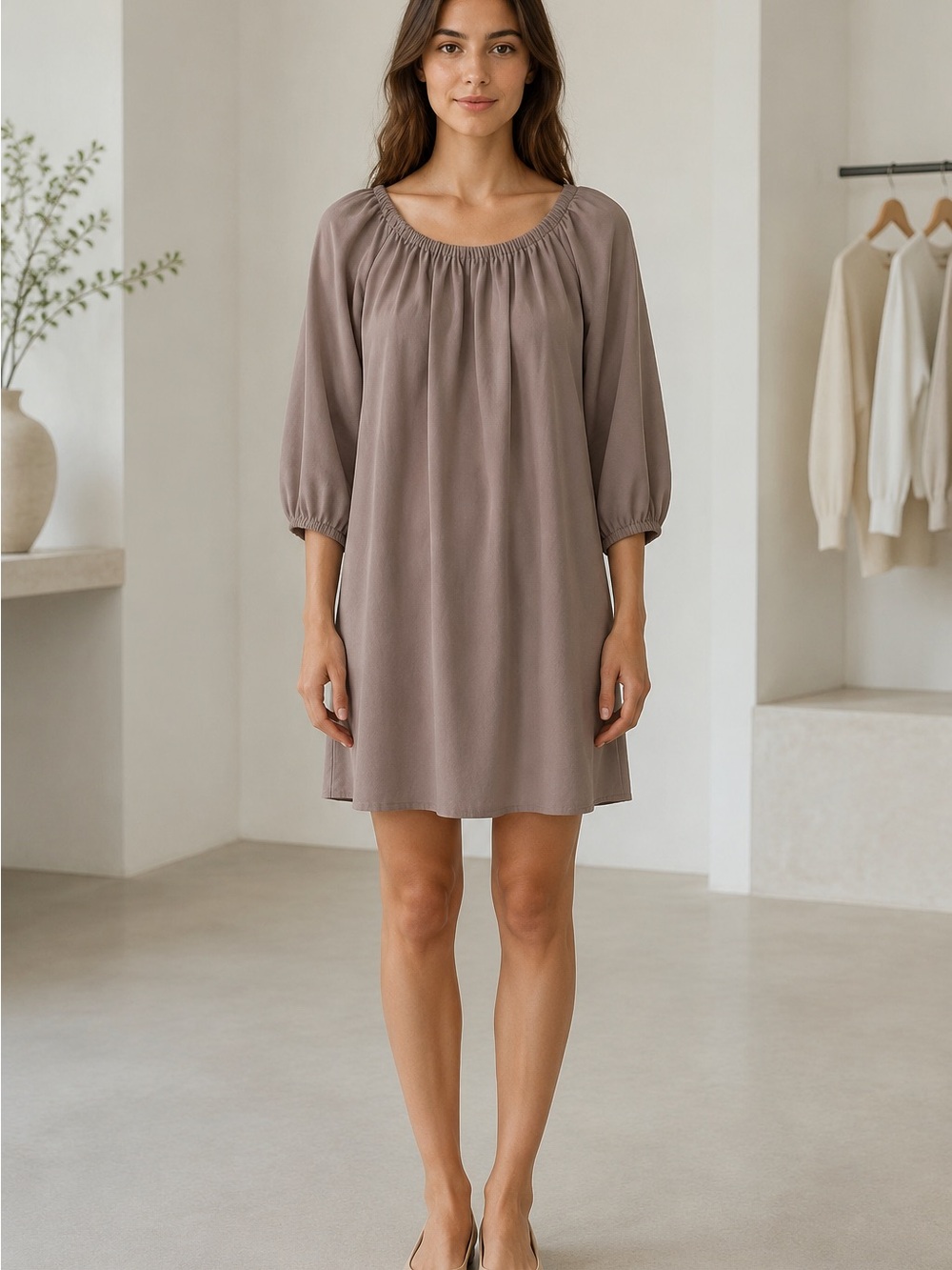 Wilfred Aritzia Women’s Taupe 3/4 Sleeve Shift Dress